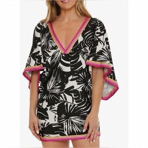 Trina Turk Black and White Leaf Print Cover-Up with Pink Trim
